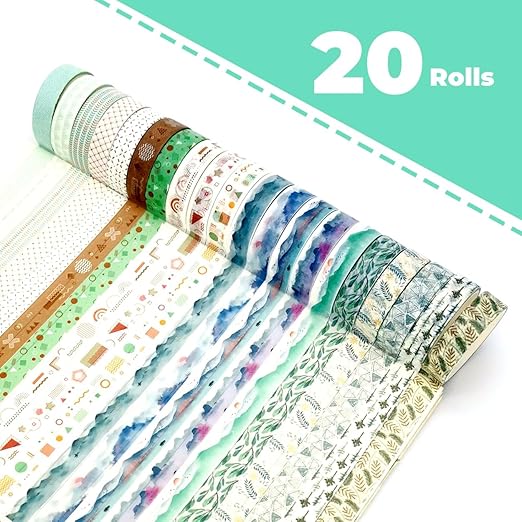 Washi Tape Set, 20 Rolls of Colorful Washi Tape, Decorative Tape for Arts and Crafts, Scrapbooking Supplies Pattern Washi Tape with Landscape Vintage Mountain River Leaves Green. (Forrest)