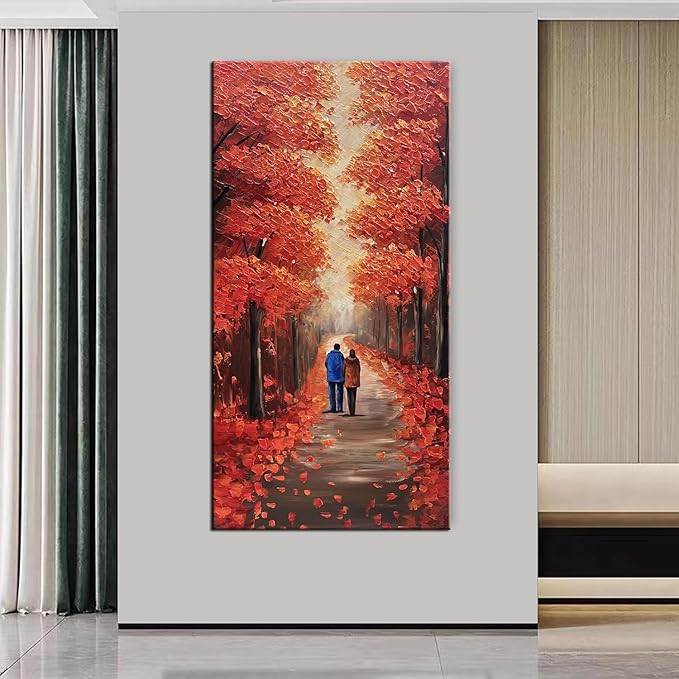Autumn Forest Path Canvas Wall Art, Red Fall Trees Oil Painting, Large Modern Textured Artwork