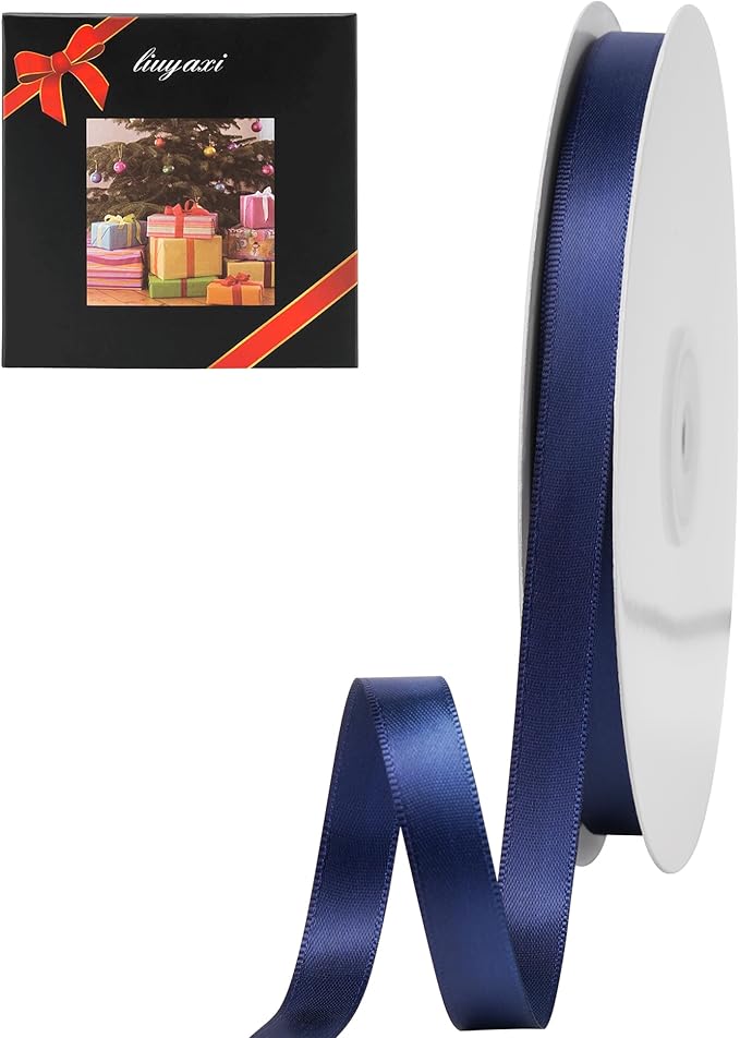 LIUYAXI Navy Blue Sain Ribbon, 1/2" X Continuous 50 Yards, Double Faced Fabric Ribbon Perfect for Gift Wrapping Wedding Christmas Birthday Floral Arrangement Craft