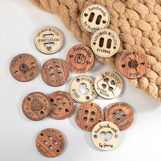 callie Personalized Wooden Name Buttons & Tags for Crafts –Custom Text, Handmade with Love Tags, Gifts for Crafting Knitting Crocheting Sewing Lovers