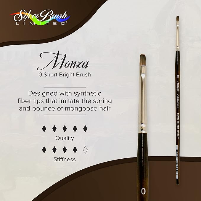 Silver Brush Limited 2623S-0 Monza Short Bright Paintbrush for Oil, Acrylic, and Heavy Body Paints, Size 0, Short Handle