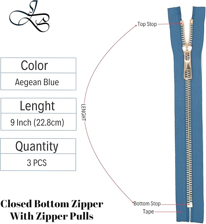 #5 Gold Metal Zipper - 50+ Colors - 3 PCS - (4-14 inches) Sizes - Luxury Lightweight Handcraft Metal Zippers with pulls for Purses Bags Pockets Shoes Sewing & Crafts DIY ZP02399