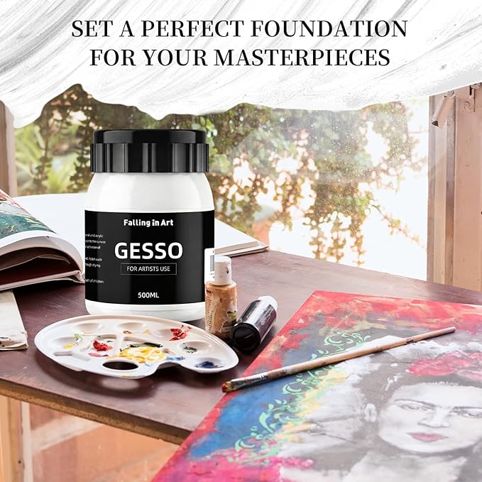Falling in Art 16.9 Oz White Gesso Primer for Acrylic Painting for Oil Paints, Non-Toxic Canvas Surface Prep Medium