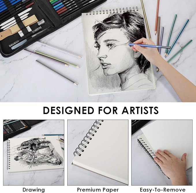 AGPTEK Drawing Pencils Set, 75-Piece Art Supplies Color Drawing Pencils Set Contains Sketch Pencils, Charcoal Pencils, Water Colored Pencils and Metal Colored Pencils for Kids, Adults and Artist