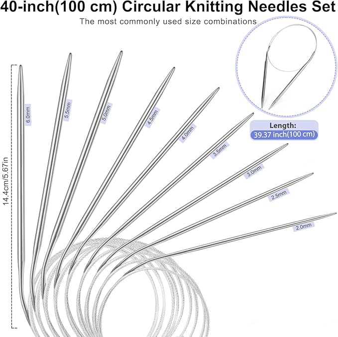 Coopay DPN Double Pointed Knitting Needles Set(2.0-6.0mm), Magic Loop 40 inch Circular Knitting Needles Set, Short Socks Knitting Needles, Fixed Cables Circular Needles, 45pcs Knitting Tools with Case