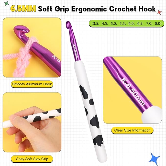 Katech Ergonomic Crochet Hook, Aluminum Soft Grip Crochet Hooks for Beginners and Arthritic Hands, Soft Clay Crochet Needle with Cow Motif and Bead Chain-Ideal Gift for Crocheter (6.5mm)