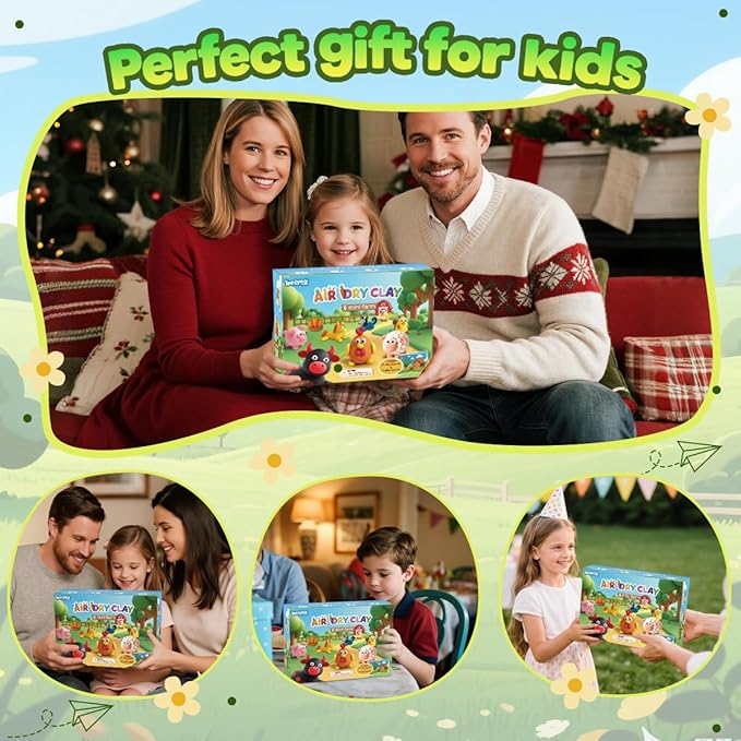 BEIREG Air Dry Clay for Kids - 15Pcs Farm Animals & Vegetables with Tutorial Scence Card, Ultra Soft, Safe Non-Toxic, DIY Modeling Magic Clay, School Projects Party Favors for Boys Girls Ages 3-12