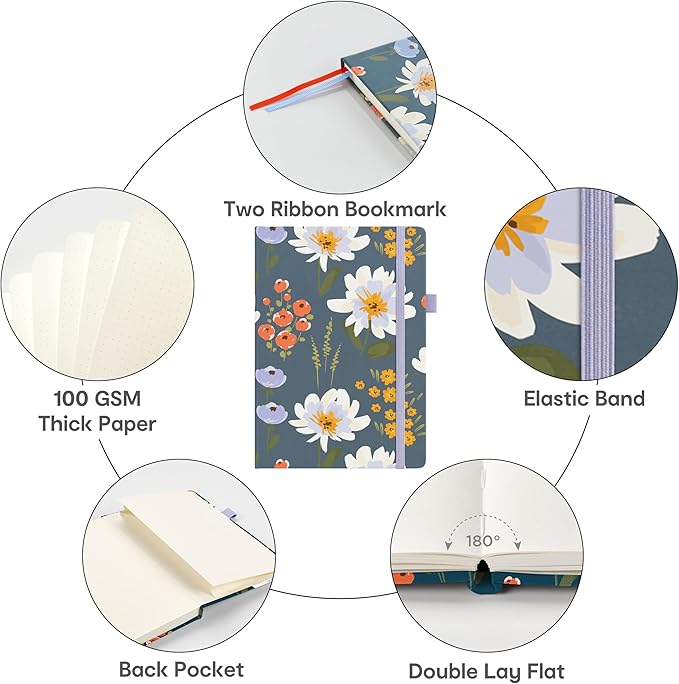 &And Per Se Dotted Journal Notebook for Women&Men with Pattern, A5 Leather Hardcover, 160 Pages 100GSM Thick Dotted Paper, 3 Sheets of Stickers Included, 5.7'' x 8'' (Garden Flowers)