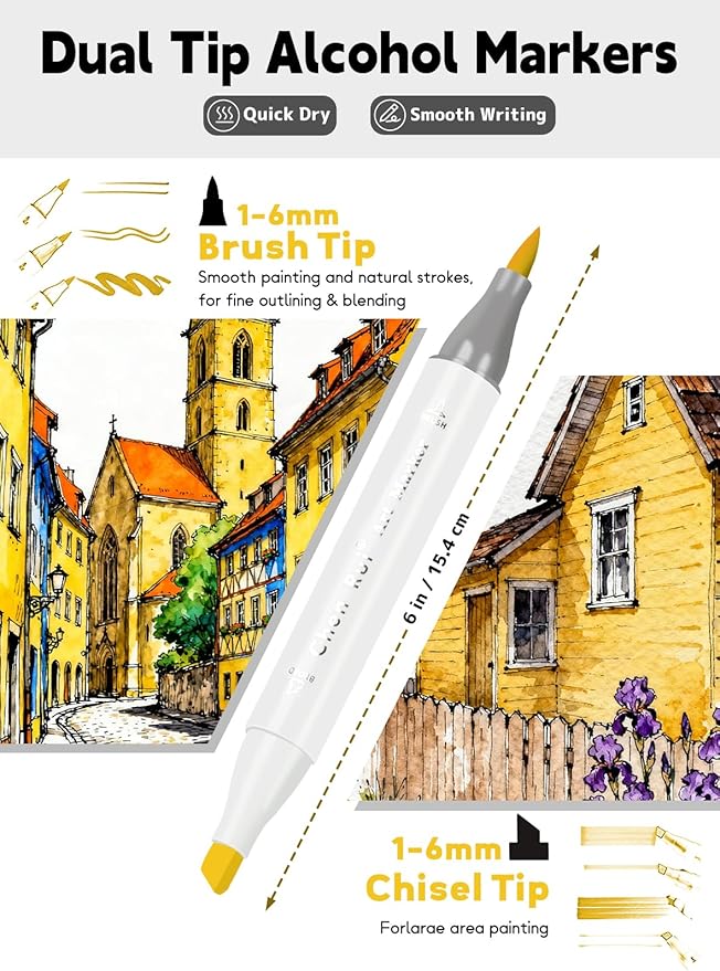 YHC 48 Alcohol Brush Marker with Free App, Chen Rui Dual Tips Art Markers for Adults, Alcohol Based Brush & Chisel Tips Markers for Drawing, Coloring, Painting, Sketching
