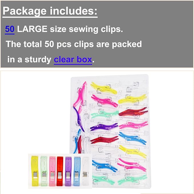 50 PCS Large Sewing Clips, 7 Bright Colors Multipurpose Quilt Clips Craft Tools Quilting Accessories with Box Packed