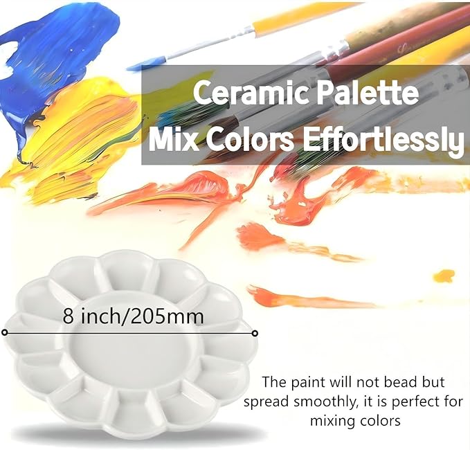 Porcelain Watercolor Palette, Ceramic Artist Paint Palette, Watercolor Mixing Tray for Watercolor Gouache Acrylic Oil Painting (8 * 8'' 13-Well Round)