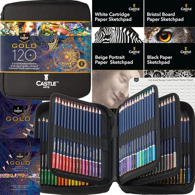 Castle Art Supplies Gold Standard 120 Coloring Pencils Set with Extras, Oil-based Colored Cores Stay Sharper, Tougher Against Breakage, For Adult Artists, Colorists, In Zipper Case