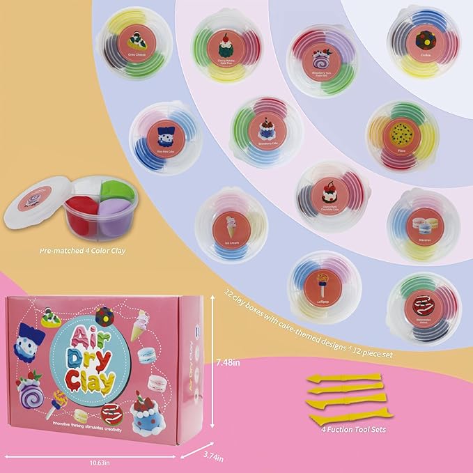 Air Dry Clay Kit - Cake Themed,12 Boxes Modeling Magic Soft Clay DIY Art Sculpting Supplies，Party Favors Birthday Christmas Gifts for Boys Girls (Cake Themed)