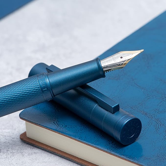Hongdian 1851 Dark Blue Forest Fountain Pen Blade Nib Classic Design Calligraphy Pen with Converter and Metal Pen Case Set