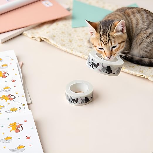2Pcs Black Cat Kawaii Washi Decoration Cat and Masking Tape - 1.5cm*10m for DIY Scrapbooking, Crafts and Planners