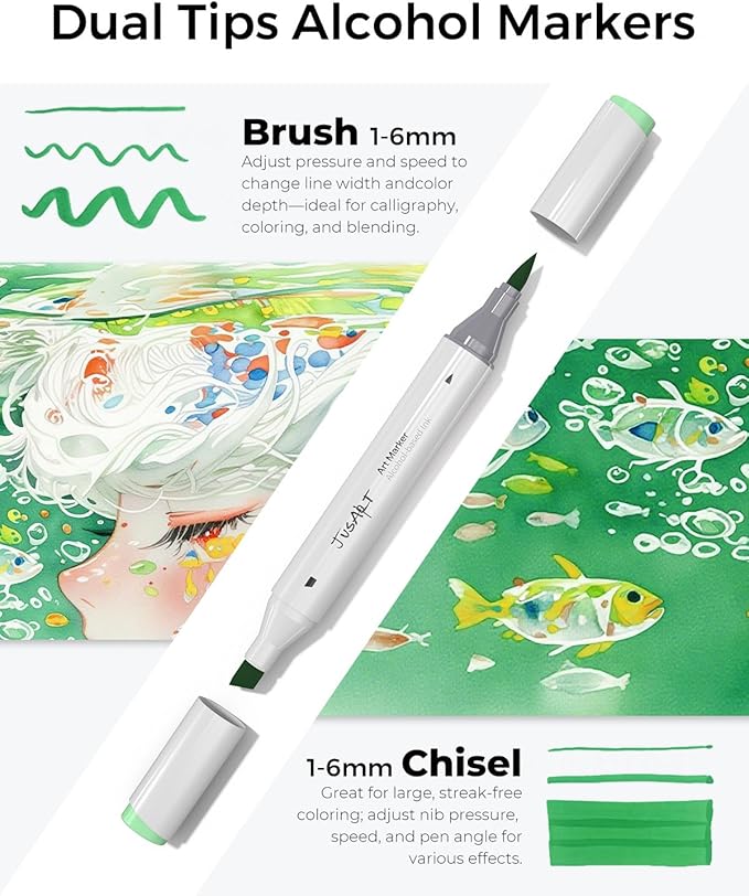 JusArt Alcohol Brush Markers, 72 Colors Dual Tip Art Markers with Brush & Chisel, Alcohol Based Marker Set for Adult Coloring Books, Drawing, Illustration, Sketching, No Bleed Ink Art Supplies