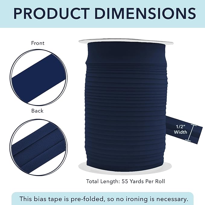 Mandala Crafts 1/2 Inch Single Fold Bias Tape for Sewing, Quilting, Piping, Hemming, Blanket & Quilt Binding – 55 Yards Navy Blue Fabric Seam Binding Tape