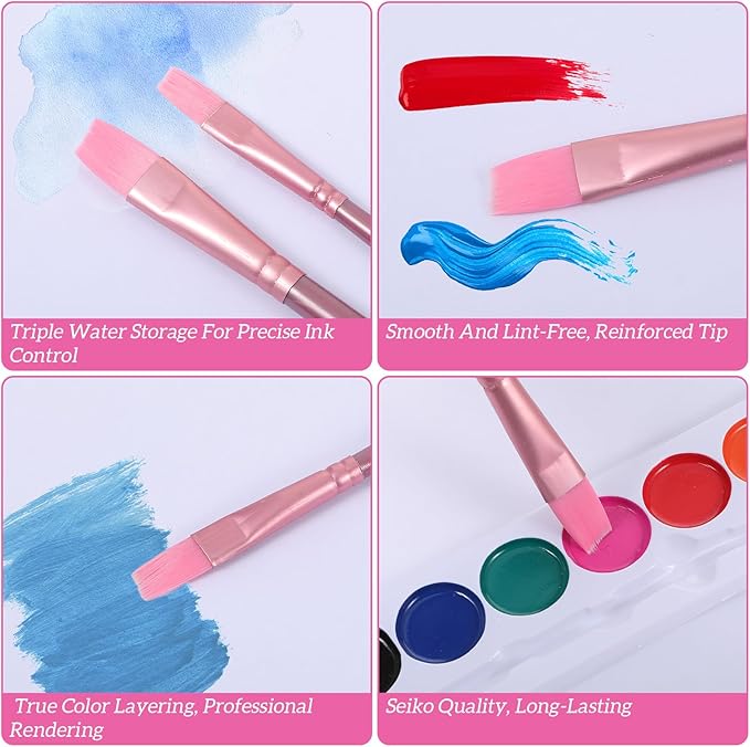 6 Pcs Nylon Hair Brushes for Paint by Number, Acrylic Paints Brush Set Watercolor Brush Oil Painting Round Flat Art Paint Brushes Kit for Beginners Adults with 2/4/6/8/10/¼ Sizes(Pink)