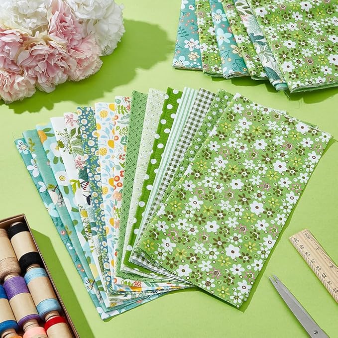 FREEBLOSS 60pcs Cotton Floral Fabric Bundle: 15 Different Patterns, Pre-Cut Quilt Squares, Green (with multiple colors in patterns)
