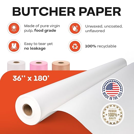IDL Packaging White Butcher Paper 36" x 2160" (180 feet) - USA-Made Natural Butcher Paper Roll for Meat and Fish - Uncoated, Unwaxed & Food-Grade Material for Smoker, Grilling & BBQ by IDL Packaging