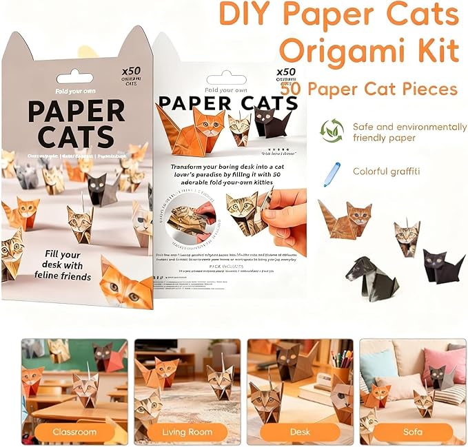 TOSKFJ Treayes 3D Cat Origami Paper, 50 Sheets DIY Craft Paper for Eveyrone, Fun Creative Art Project, Cute Desk Decor & Gift for Cat Lovers