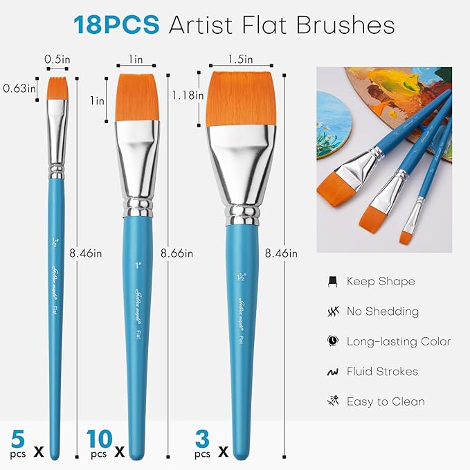 Flat Paint Brushes for Acrylic Painting, Golden Maple 18 PCS Paint Brushes for Acrylic Painting Oil Watercolor & Canvas, Incluing 3pcs 1.5inch, 5pcs 1inch, 10pcs 1 inch Flat Brushes