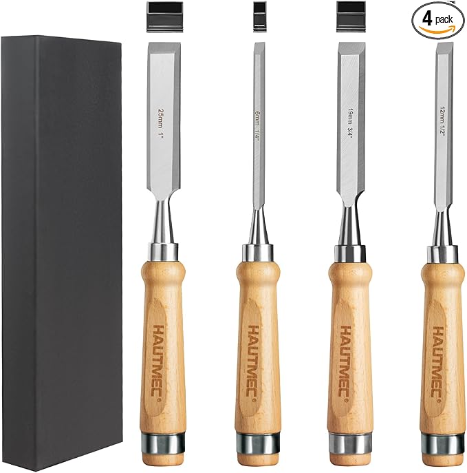 HAUTMEC Wood Chisel Set for Woodworking, 4-Piece Bevel Edge Mortise Chisel Set with 60CrV Steel Blades and Ergonomic Beech Handles (1/4", 1/2", 3/4", 1")