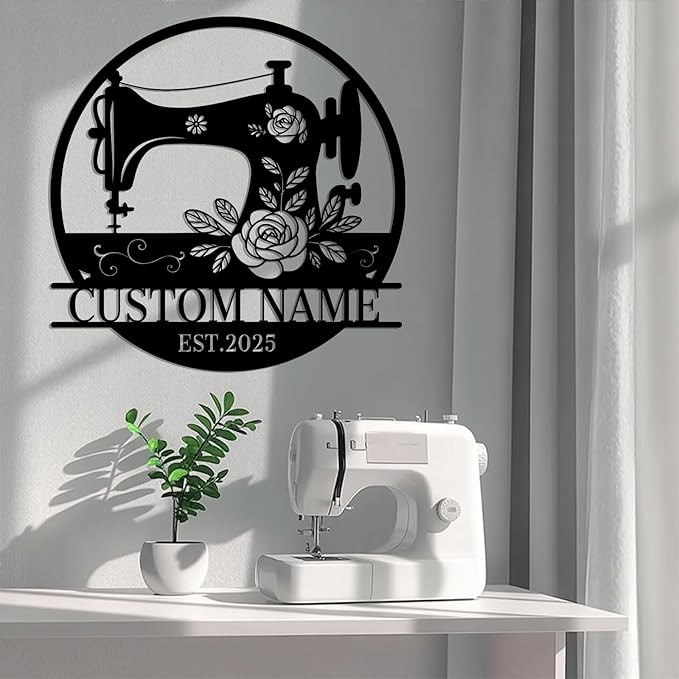 Custom Sewing Machine Sign with Name, Personalized Quilting Supplies Craft Room Metal Wall Decor, Customized Quilting Gifts for Quilters Women Mom Grandma Wife Sewing Lover