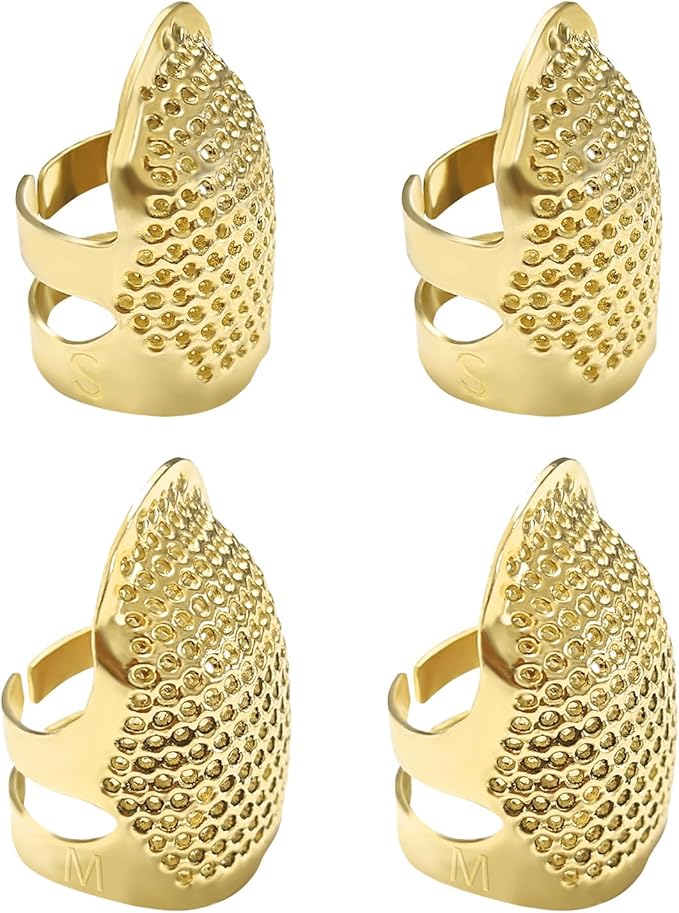 ZESION 4Pcs Sewing Thimbles, Adjustable Metal Thimbles for Hand Sewing Finger Protector, Quilting Craft Accessories for Knitting Needlework DIY Tools, Gold(2 Sizes, S/M)