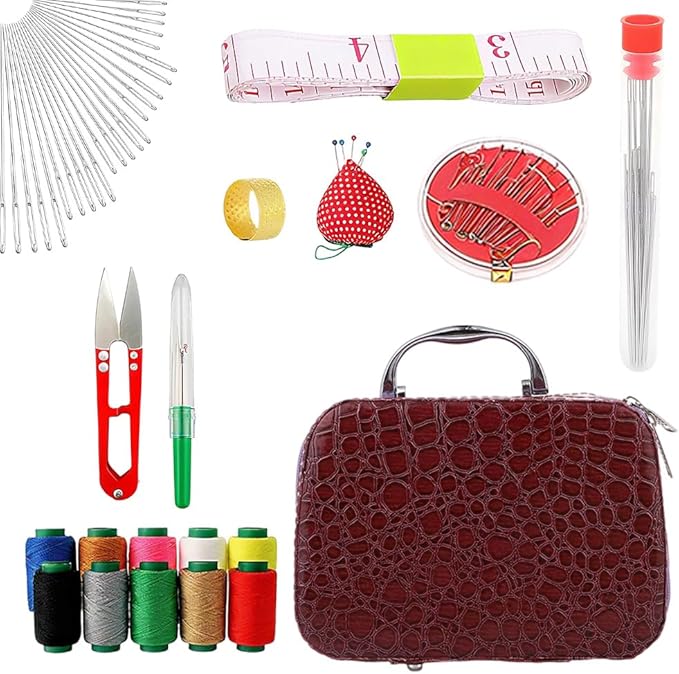 2025 New Big Eye Steel Needles Set, Sewing Kit Storage Box DIY Embroidery Crafting Kit Tool, Upgrade Needle Thread Hand Steel Sewing Needles Kit Fix Anything Anytime Portable (Brown)