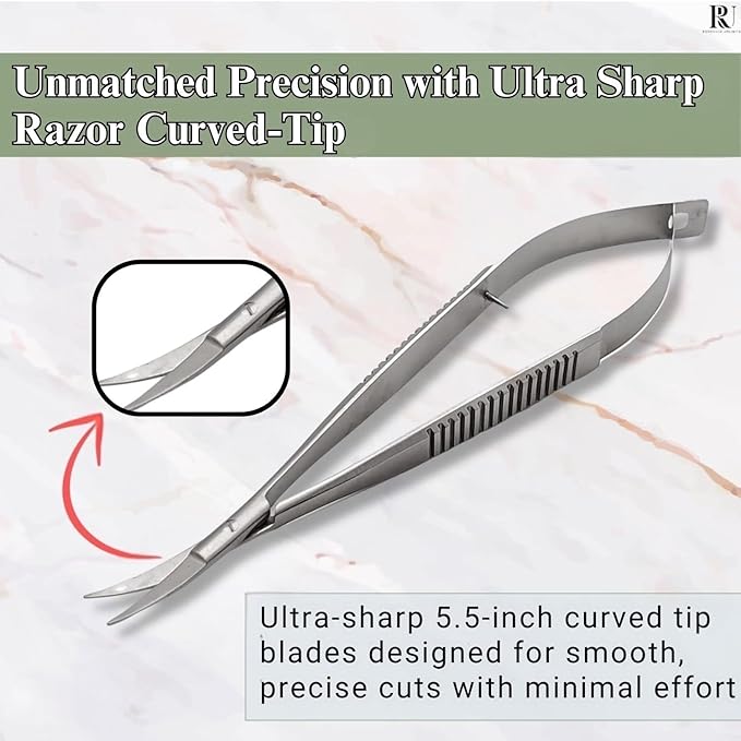 Micro Scissors 5.5" Curved Snip Embroidery Scissor Extra Sharp Tip Eyebrow Trimming Scissor Spring action Sewing Arts & Craft for Grooming thread Premium Stainless Steel Squeeze Applique Scissors.