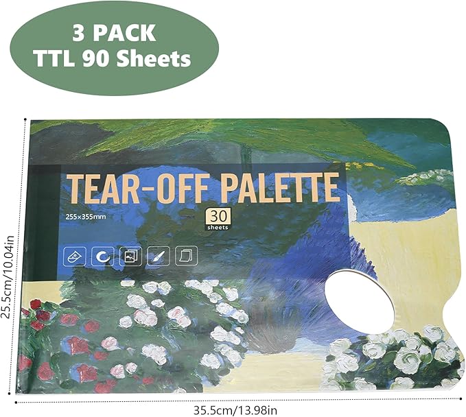 Tear-Off Paint Palette Paper Pad, 105gsm, Disposable Mess-Free Paint Tray, 3-Pack 90 Sheets for Watercolor, Acrylic, Gouache, Oil, and Ink Painting (Medium 90 Sheets 10''x14'')