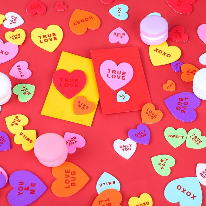 Ruisita 500 Pieces Valentine's Day Heart Shaped Foam Stickers in Pure Color Printed Letters 8 Colors 3 Sizes Self-Adhesive Stickers for Valentine's Day Scrapbooking Craft Decorations