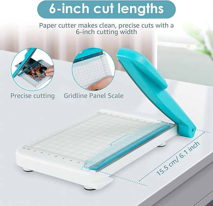 Small Paper Cutter 6 inch Cut Length, Non Slip Paper Trimmer Compact and Portable Curved Strip Cutters for Cutting Coupon Craft Card and Photo (White)