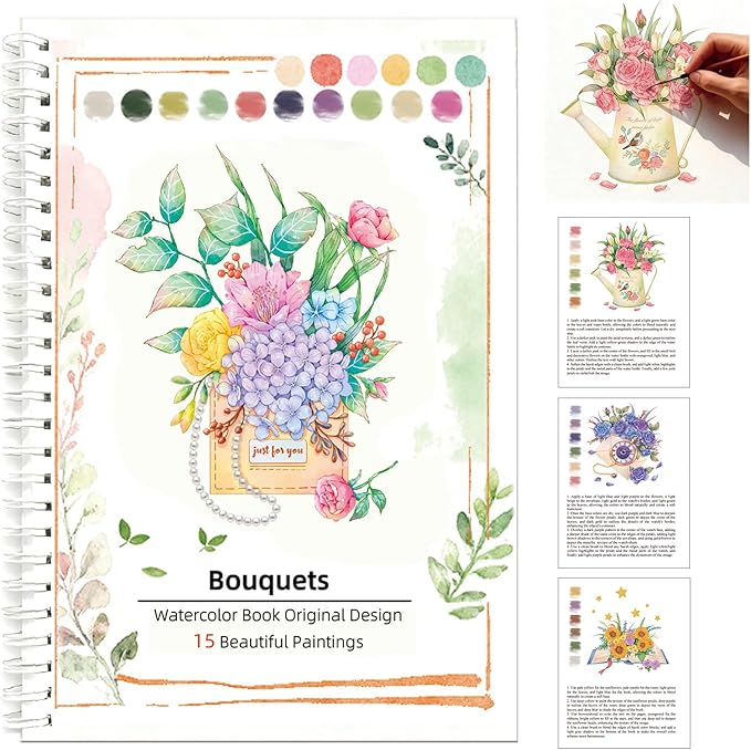 Watercolor Workbook, 15 Different Patterns of Original DIY Paintings for Water Color Book, 8.7 * 6.7inch, Water Coloring Book for Beginners Adults (Without Palette, Bouquets)