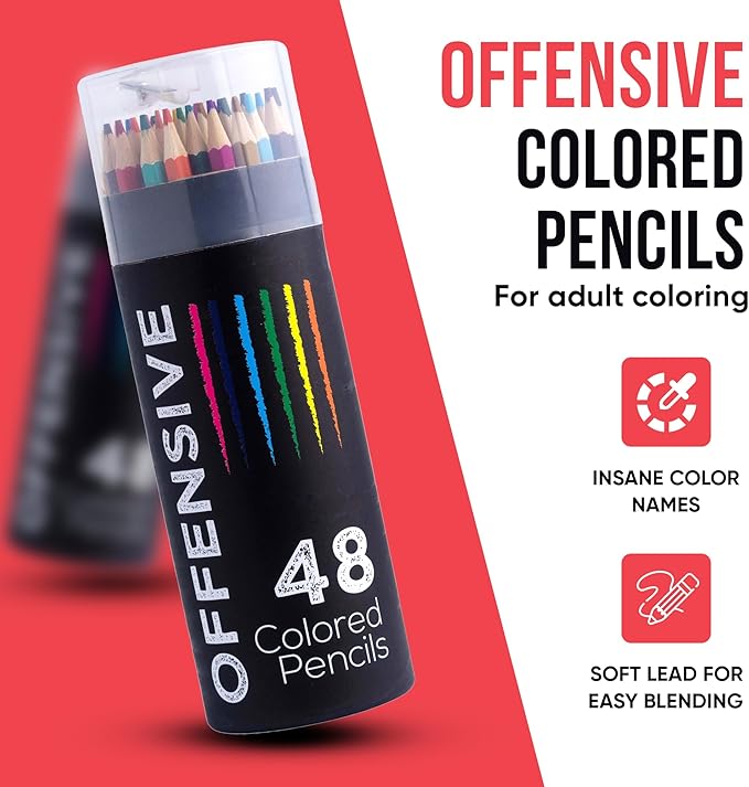 48 Funny & Offensive Colored Pencils for Adults – Pre-Sharpened Gag Gift Set for Adult Coloring Books, Cussing, Pranks, and Creative Stress Relief