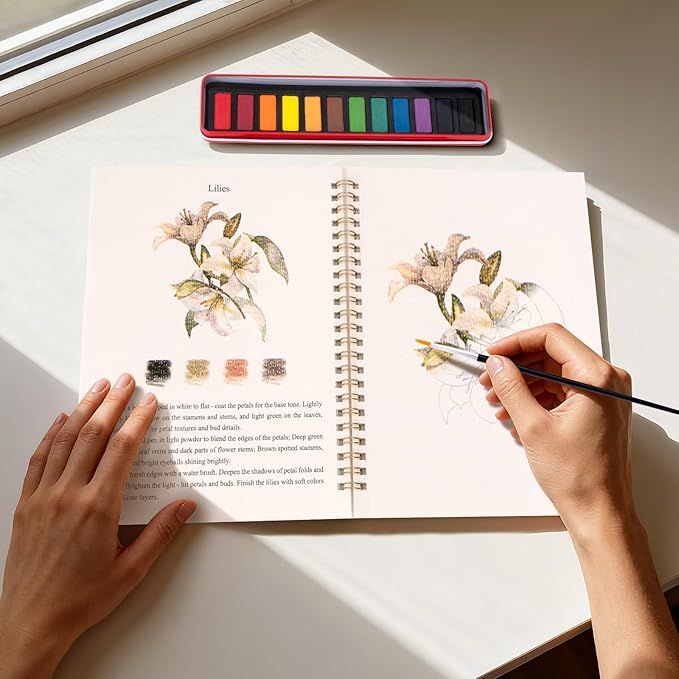 Kivzex Watercolor Workbook for Adults, Beginner Friendly Watercolor Painting Kit Flowers Water Coloring Book, Nature-Themed Practice Art Gift Water Color Paint Book with Palette and Brush