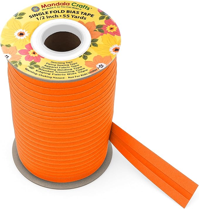 Mandala Crafts 1/2 Inch Single Fold Bias Tape for Sewing, Quilting, Piping, Hemming, Blanket & Quilt Binding – 55 Yards Orange Fabric Seam Binding Tape