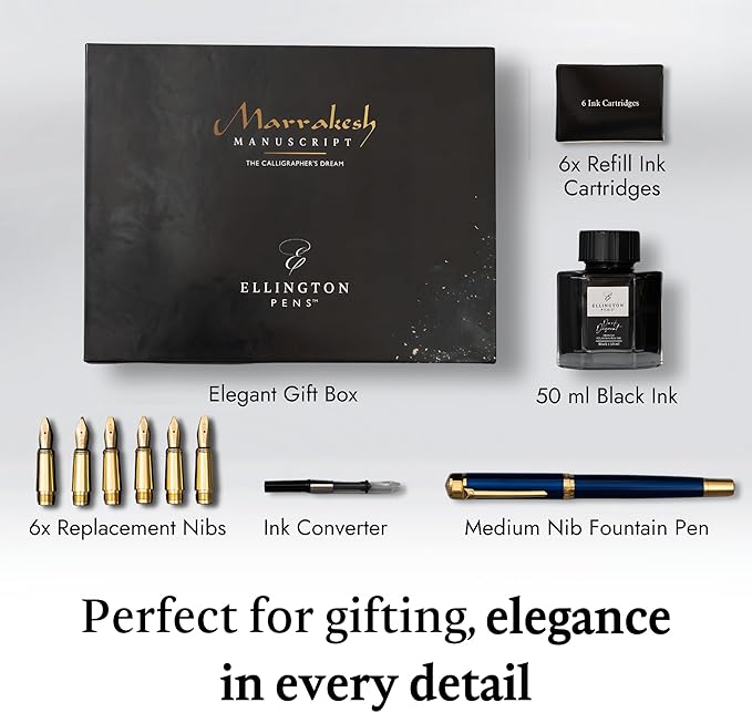 Ellington Pens Luxury Calligraphy Set – Premium Fountain Pen with 6 Nibs, 6 Bottle, 6 Cartridges, Converter, and Elegant Gift Box – Perfect for Calligraphers, Writers, Gifting