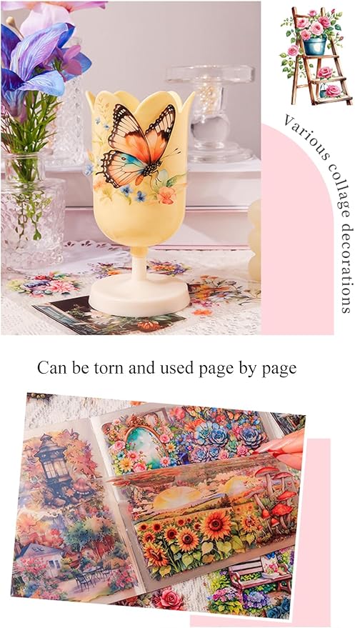MAFELOE 30 Pages PET Scrapbook Stickers of Creative Flowers Theme, Aesthetic Deco Journaling Supplies for Junk Bullet Diary Album Calendars-Orange (Y3-P-WSSL)