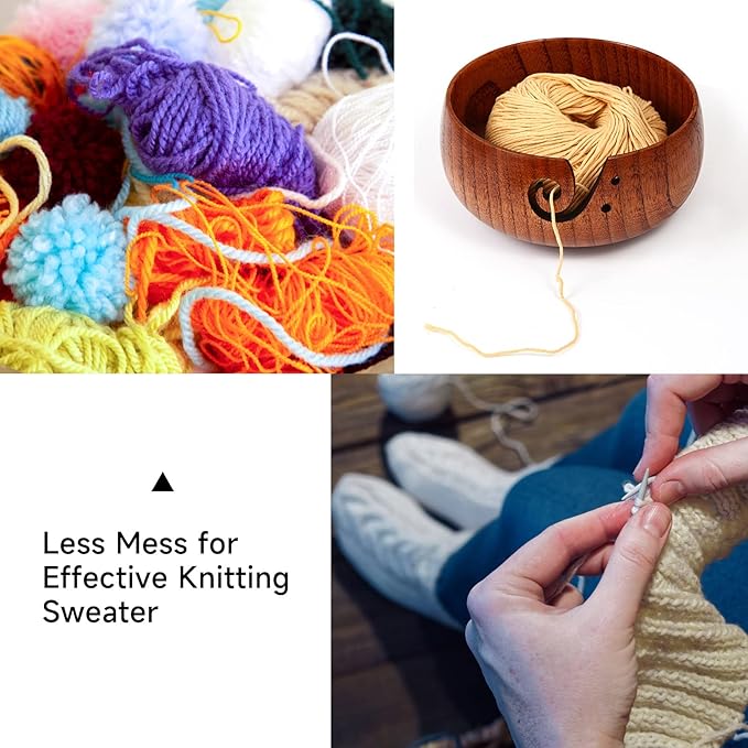 Wooden Yarn Bowl, 6" x 3" Knitting Tool with Holes, Handmade Rounded Edge for Crocheting, Storage Holder for DIY Sewing Supplies