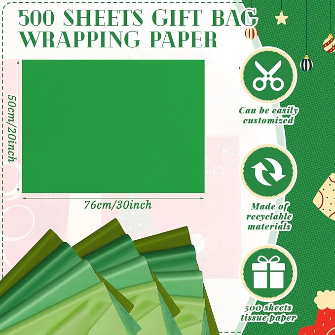 Qilery 500 Sheets Green Tissue Paper Bulk for Gift Bags 20 x 30 Inch Acid Free Wrapping Paper Sheets for St. Patrick's Day Mardi Gras Decoration DIY Crafts, Packing Supplies for Moving, Wedding Party