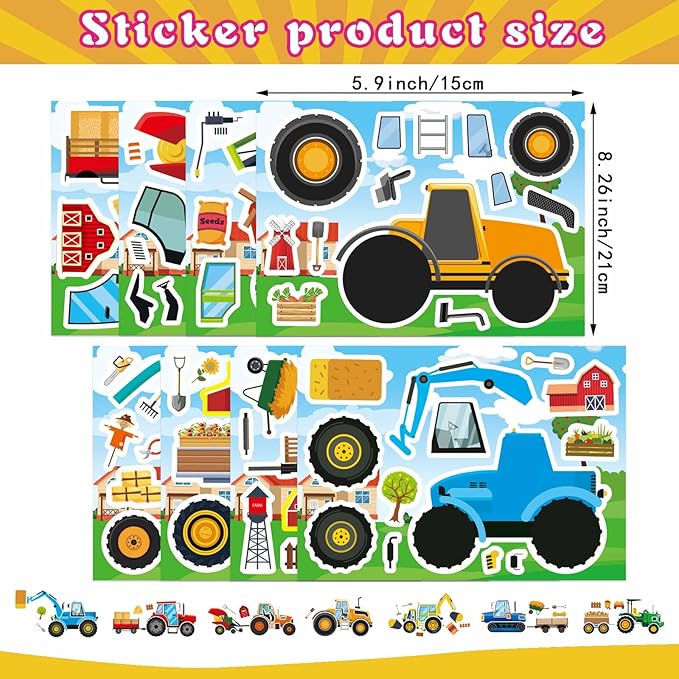 24 Sheets 8''×6'' Make Your Own Farm Tractor Stickers for Toddlers Kids Party Favors, Make a Face Sticker, Fall Autumn Stickers for Kids Farm Themed Birthday Party Favors Supplies Crafts (8 Designs)