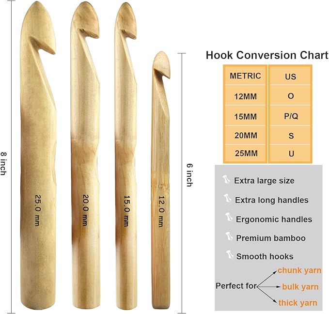 Mdoker Huge Crochet Hook Set Size 12mm(O)/15mm(P/Q)/20mm(S)/25mm(U) Large Wooden Crochet Hooks Needles for Giant Chunky Yarn Carpet Scarf Bulky Wool Roving Weaving