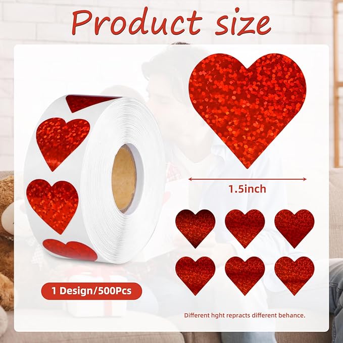 1.5'' 500Pcs Heart Valentines Laser Stickers, Glitter Heart Stickers Roll Valentine's Mother Day Gift Decorative Label Sticker