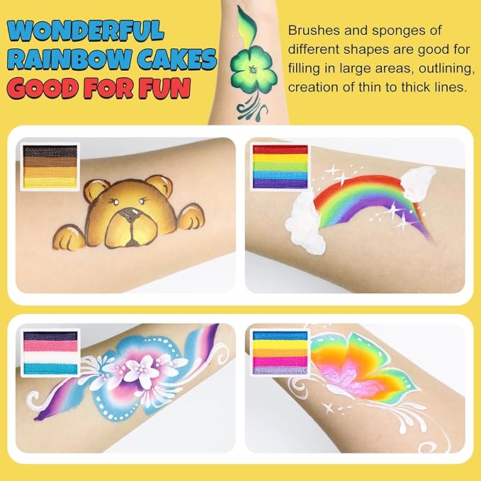 Professional Face Painting Kit for Kids & Adults, Split Cake Face Paint Palette 12 x 10gm with Stencil, One Stroke Non Toxic Rainbow Body Paint Set for Halloween & Christmas Makeup