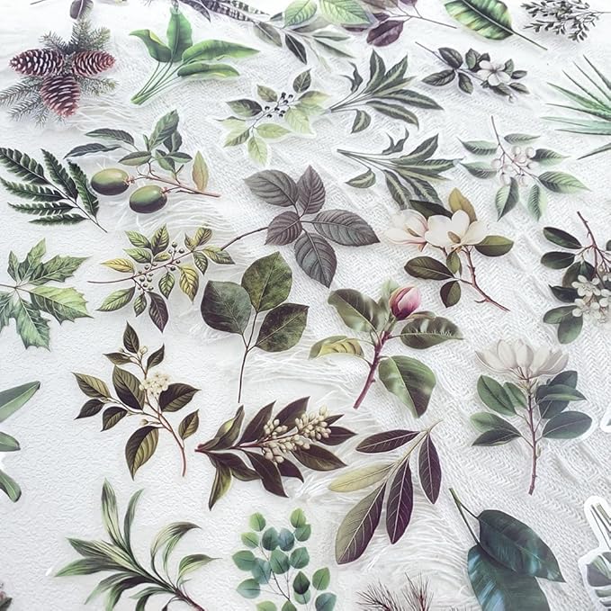50-Piece Transparent Waterproof Greenery Plant Stickers for Scrapbooking, Journaling & Crafting – Realistic Botanical Leaves, Ferns, and Tropical Plants, Self-Adhesive Decorative Stickers