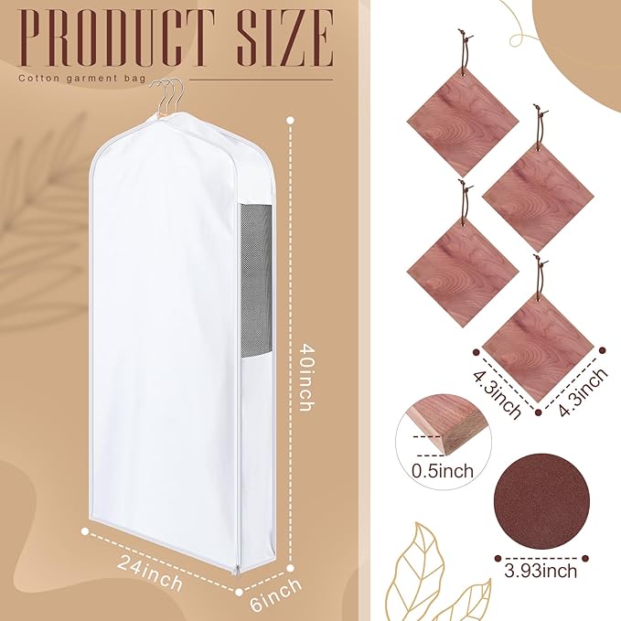 40" Short Cotton Garment Bag for Hanging and Storage Clothes with 4 Cedar Blocks for Fresh Smell, Breathable Hanging Bags for Closet Storage Fur Coat Suit Sweater Jackets, 6'' Wide, White
