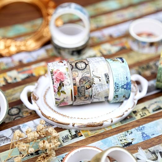 Vintage Washi Tape Set,12 Rolls Holiday Travel Aesthetic Decorative Tape Retro Poster Map Stamp Clocks Architecture Masking Washi Tape for Journaling Supplies, Scrapbooking, DIY Arts & Crafts