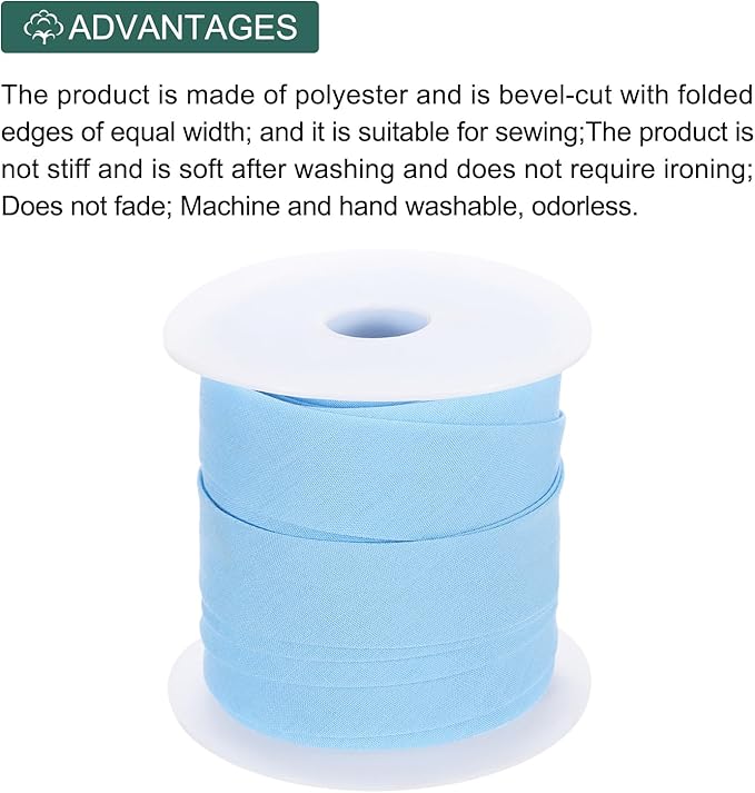 MECCANIXITY 1 Inch Single Fold Bias Tape Polyester Continuous Bulk Bias Tape for Sewing, Seaming Quilting Hemming Binding Crafts (Light Blue 25 Yards)